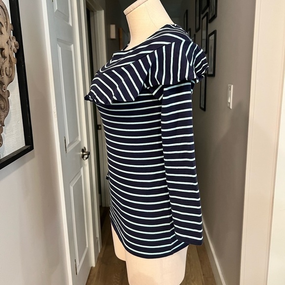 Anthropologie  Leifnotes navy and aqua 3/4 length sleeves top with ruffle - Picture 3 of 12